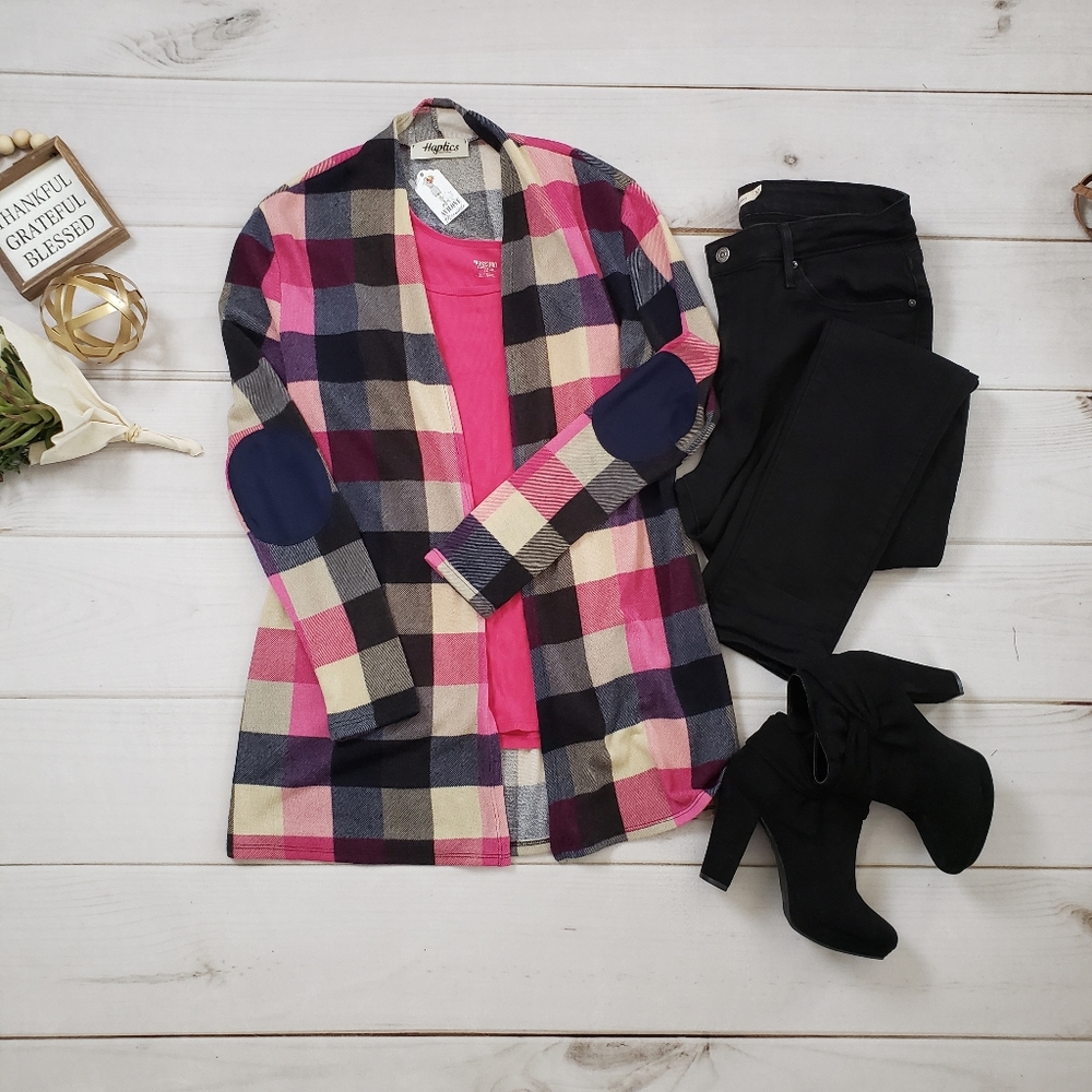 *Plus* Pink/Navy Plaid Cardigan